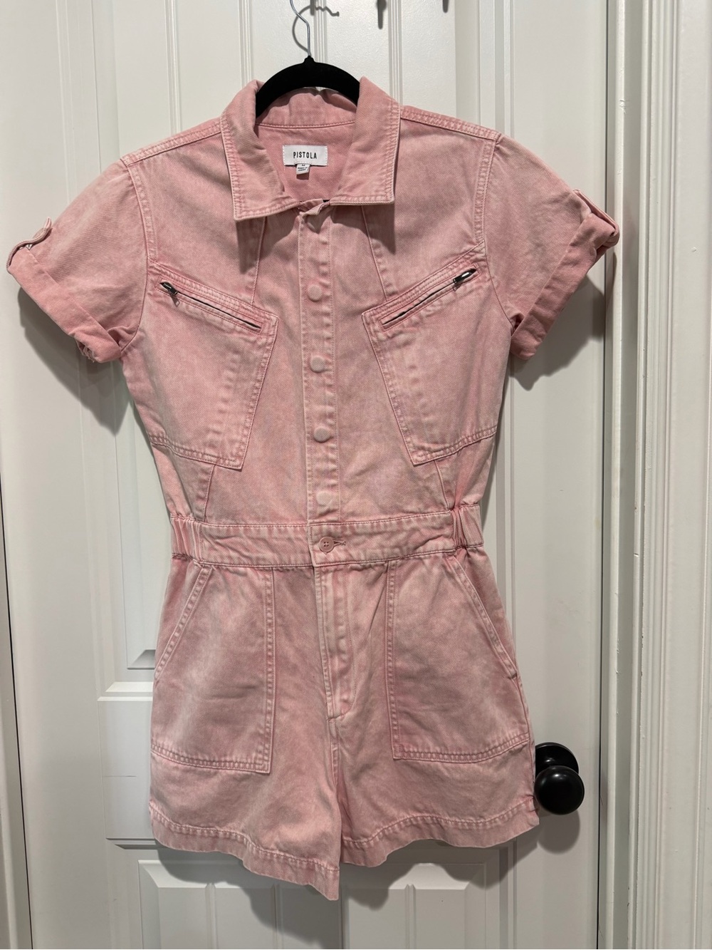 pistola Pink Short-Sleeve Denim Romper